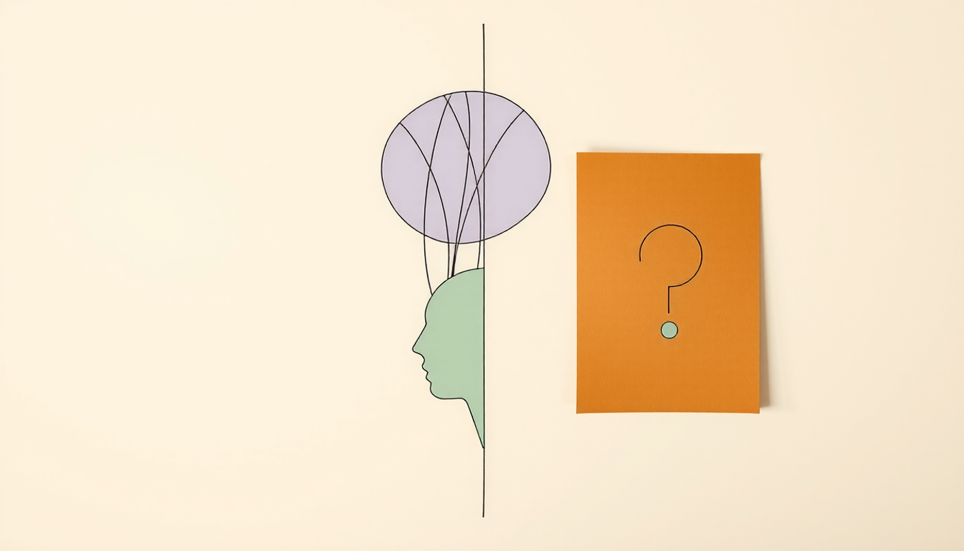 Student pondering a flashcard question with memory retrieval thoughts.