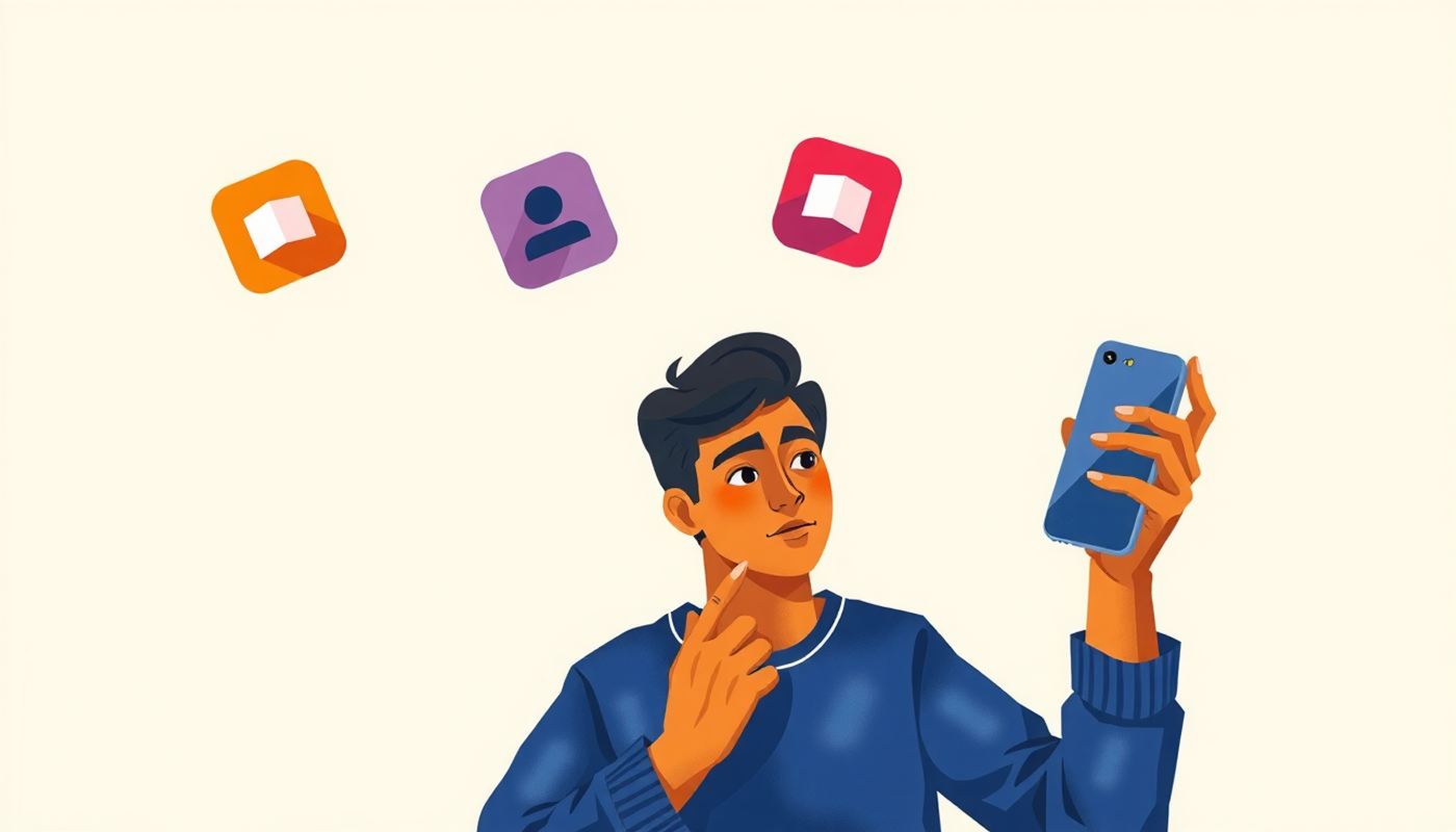 Student engaging with phone and colorful app icons in a gradient background.