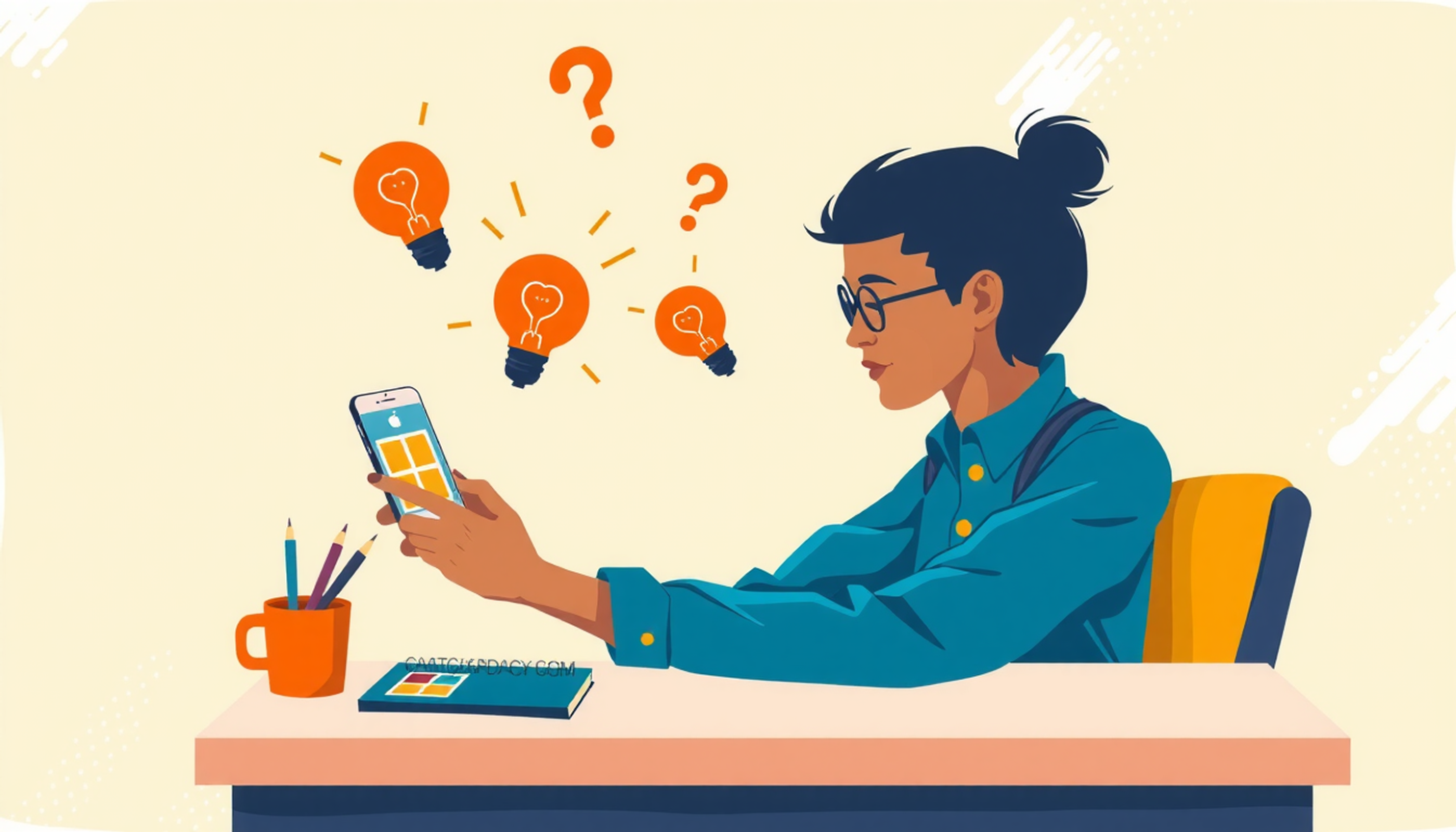 Student using flashcard app with question marks and lightbulbs.