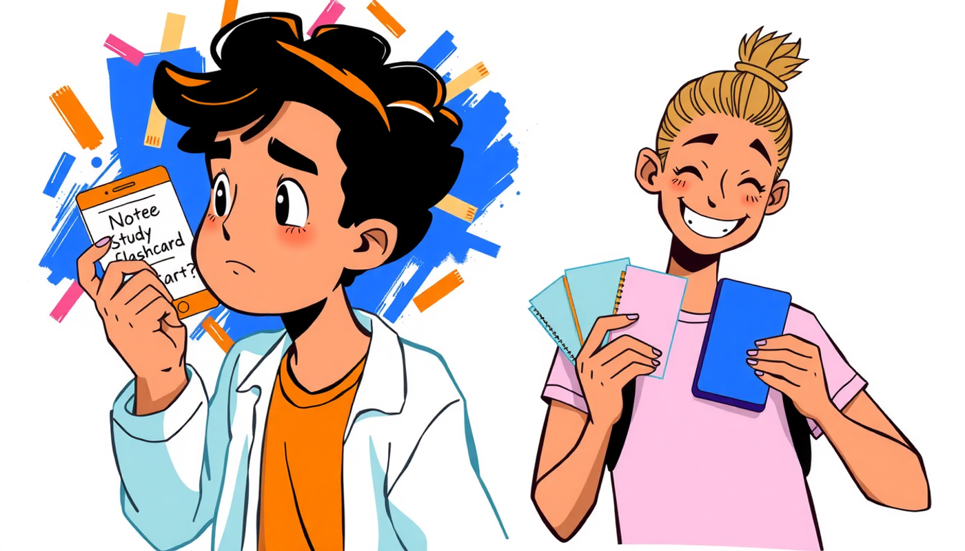 Étudiant submergé par des notes à gauche, détendu avec fiches colorées à droite.