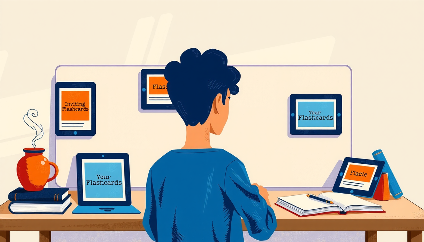 Student studying at a desk with flashcard apps, books, and coffee.