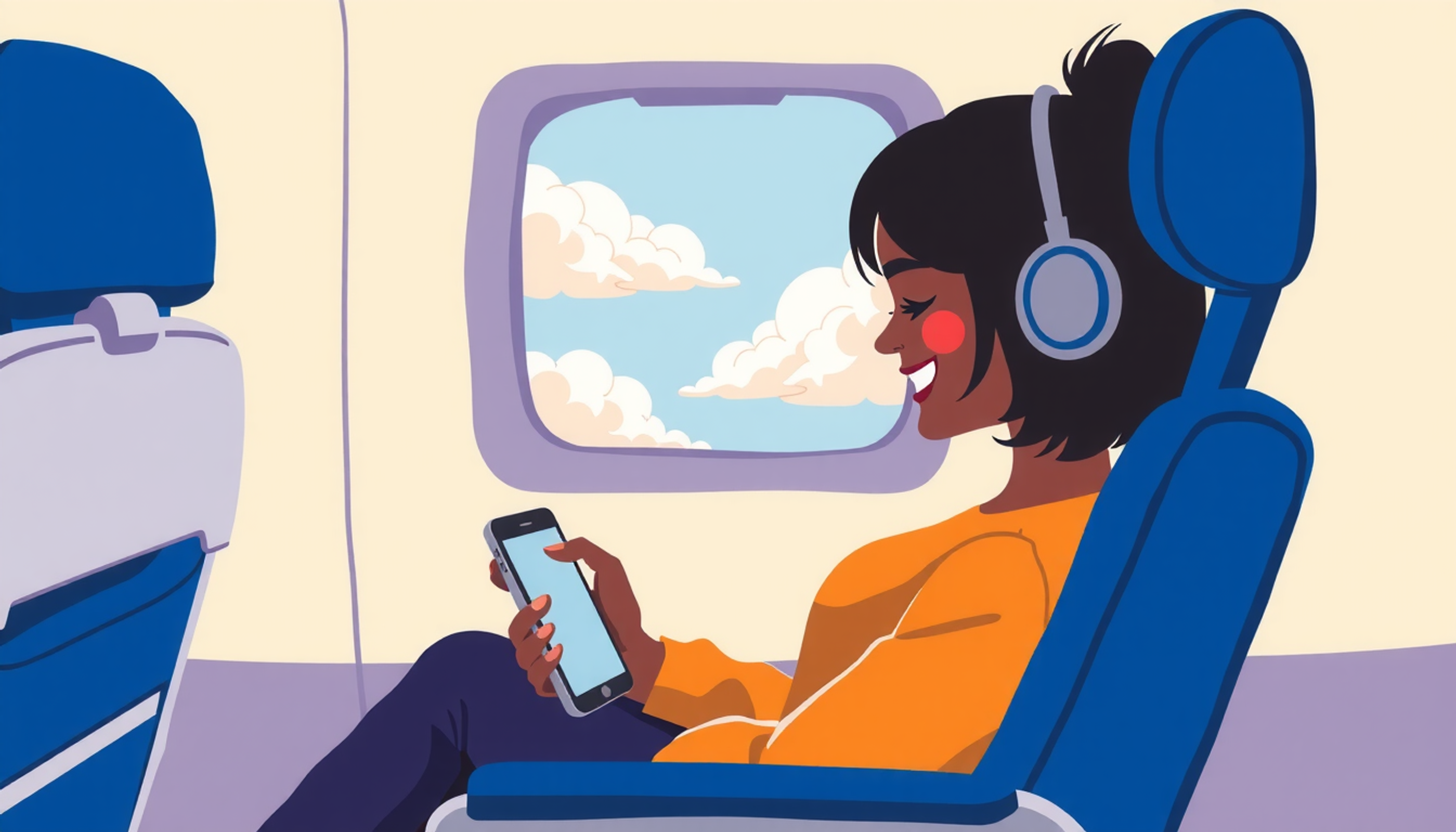 Student studying flashcards on phone, clouds visible through airplane window.