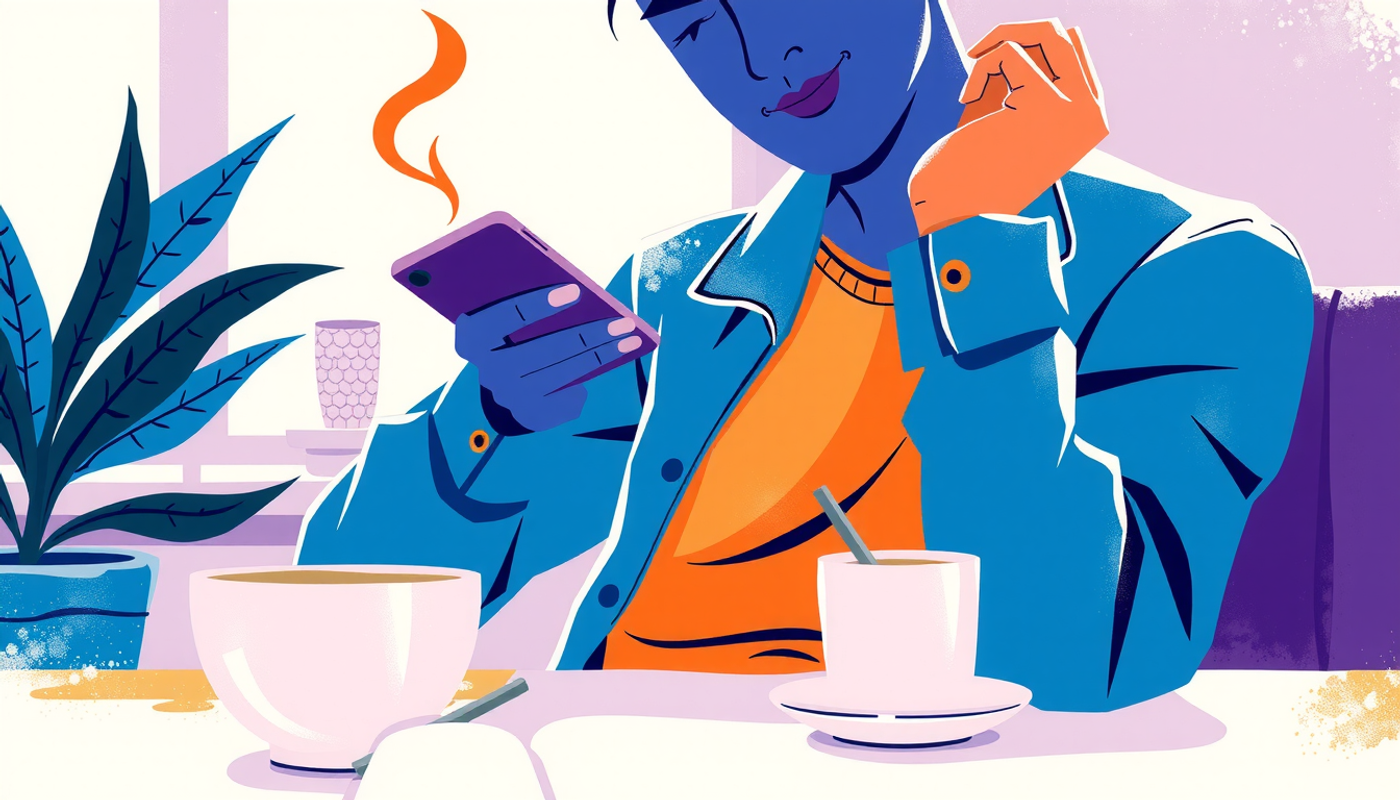 Relaxed student reviewing Anki flashcards in a cozy coffee shop.