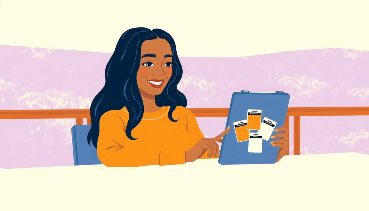 Étudiant souriant utilisant une tablette pour étudier dans un café chaleureux.