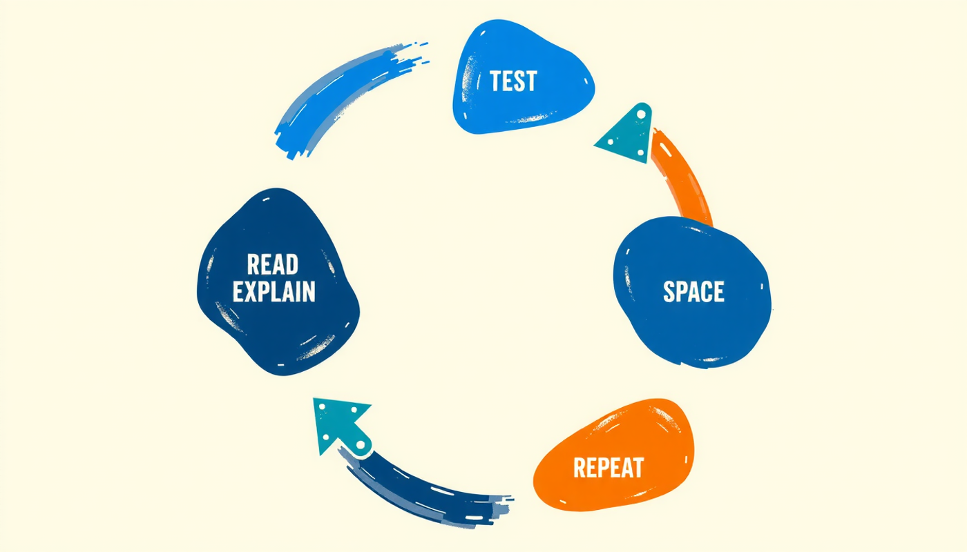 Step-by-step study cycle graphic with icons: read, explain, test, space, repeat.
