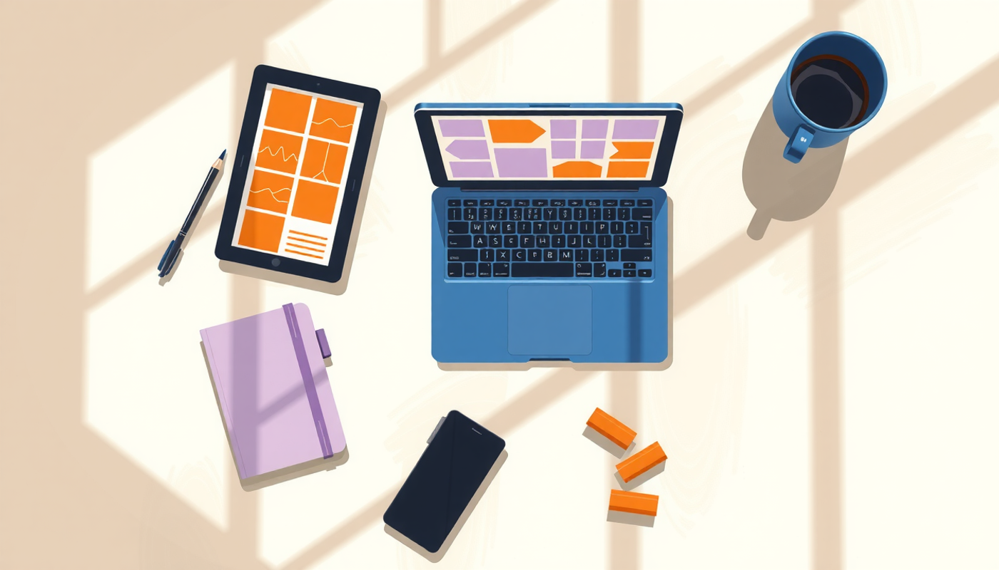 Study desk with laptop, tablet, notebook, and coffee mug in warm light.