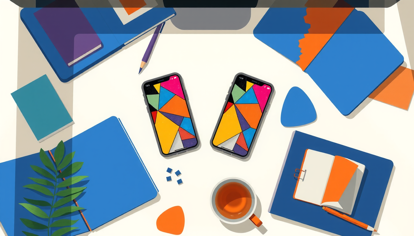 Clean study desk with smartphones, colorful flashcards, and textbooks.
