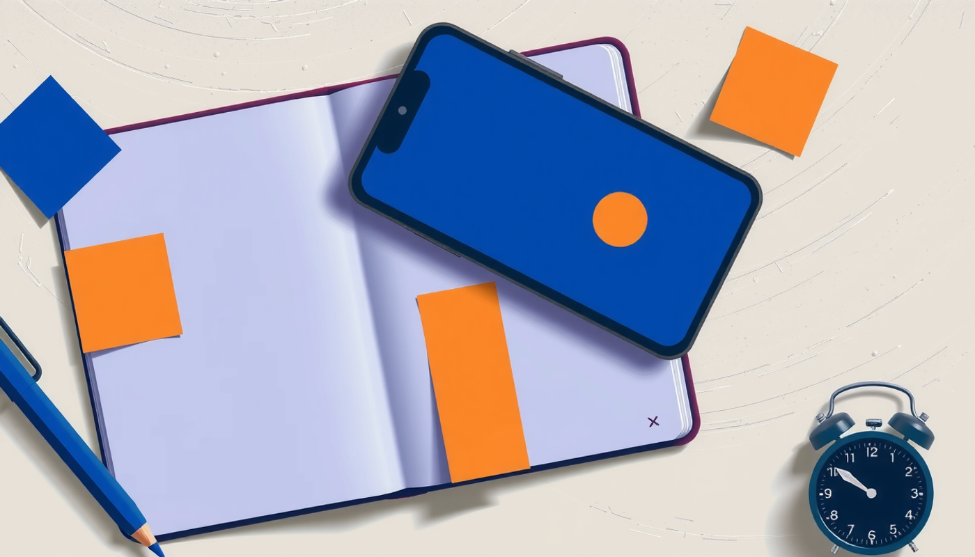 Study desk with phone notification, open textbook, and timer.