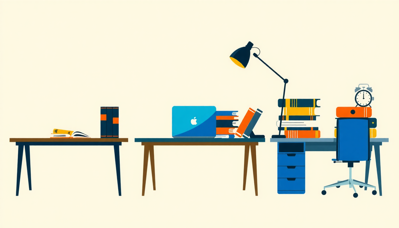 Three study desk setups: high school, college, and professional.