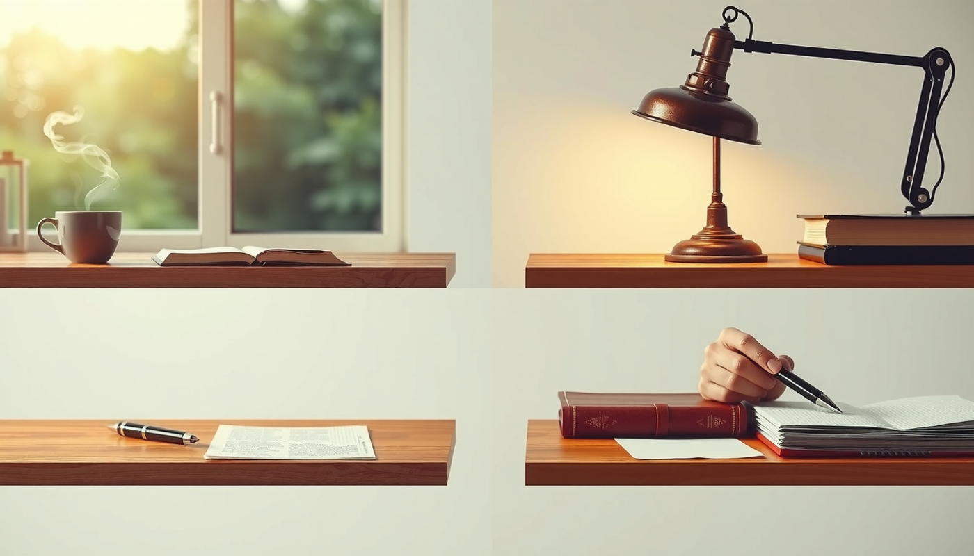 Four study desks in varied atmospheres highlighting different memory contexts.