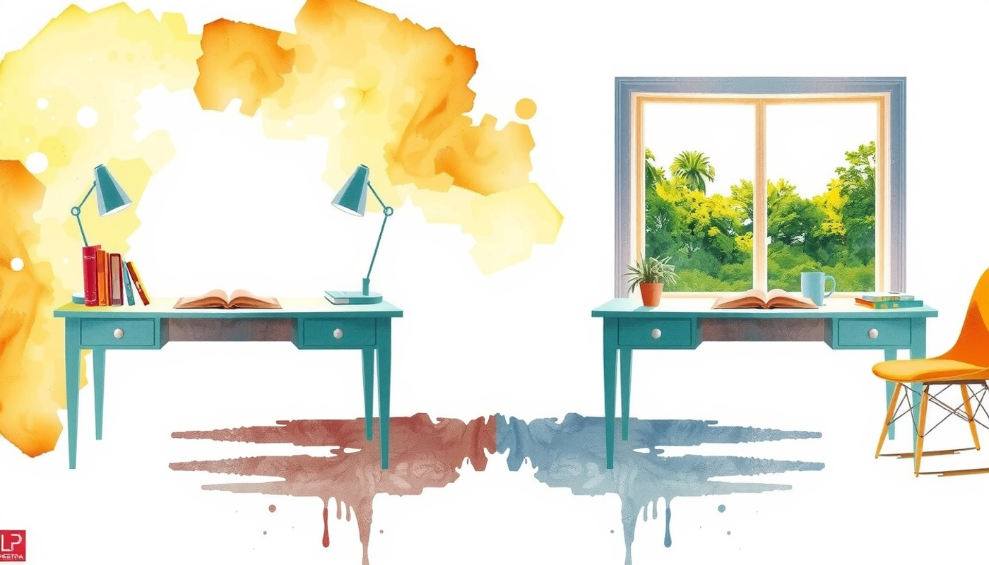 Comparison of study spaces: dim yellow light vs. bright natural daylight.