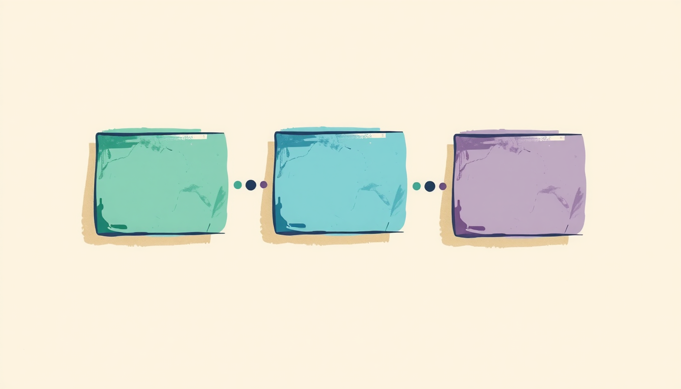 Three stylized flashcards in muted colors connected by glowing dots.