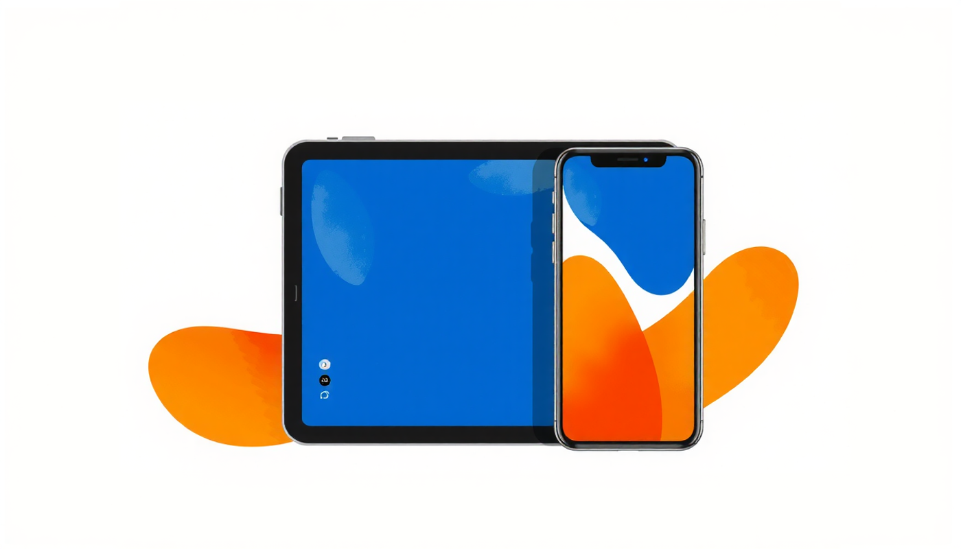 Stylized tablet and smartphone with flowing abstract flashcard shapes.