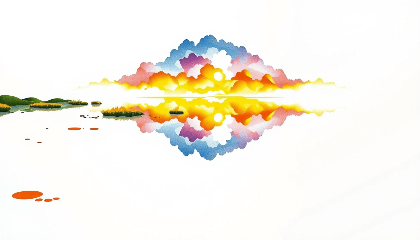 Sunrise over a lake with brain-shaped clouds, warm golden and purple tones.