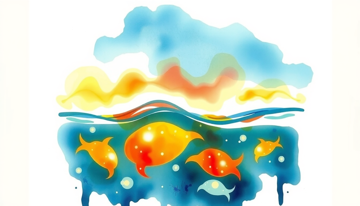 Sunset over a calm ocean with glowing bioluminescent organisms.