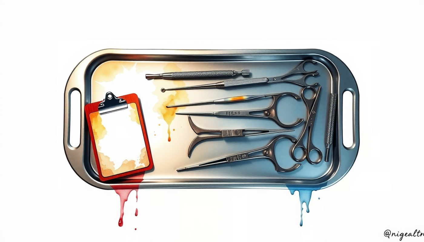 Surgical tray with scalpels, clamps, and a glowing clipboard.
