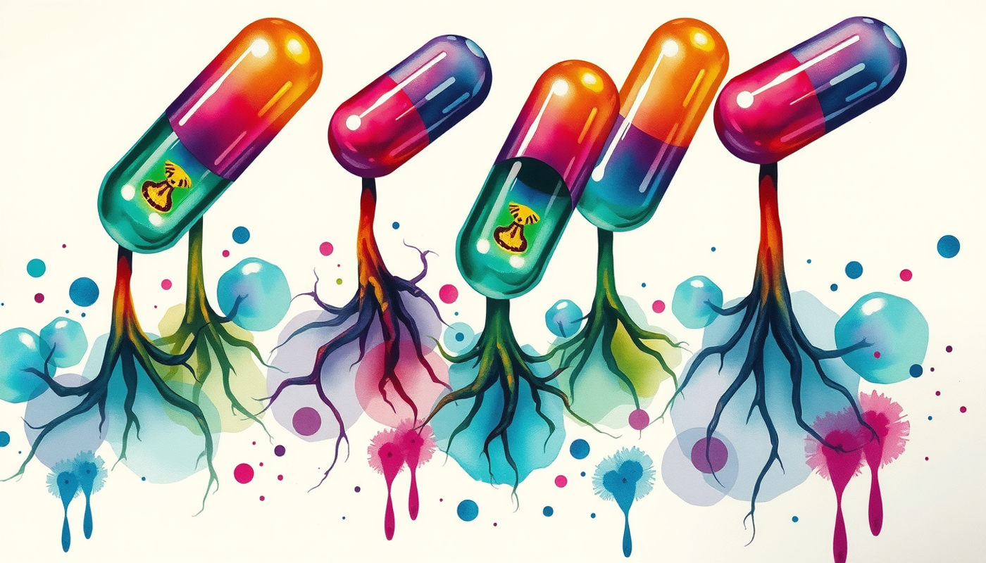 Oversized capsules grow like trees in a surreal, dreamlike garden.