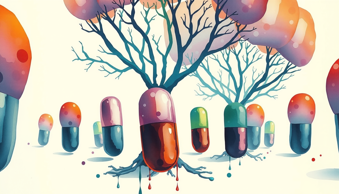 Oversized capsules grow like trees in a dreamlike garden.