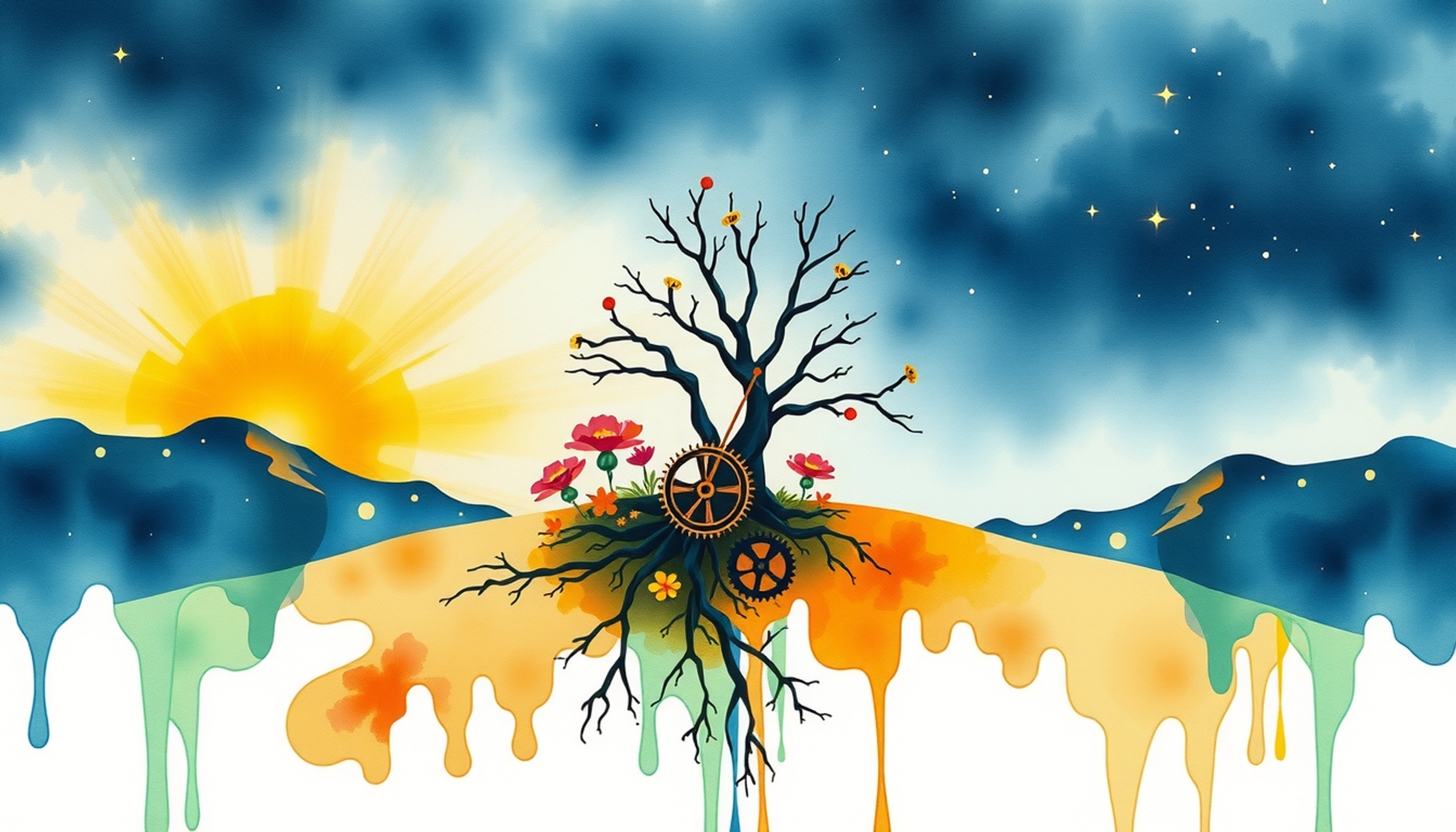 Surreal hillside with a clock mechanism and blooming memory flowers.