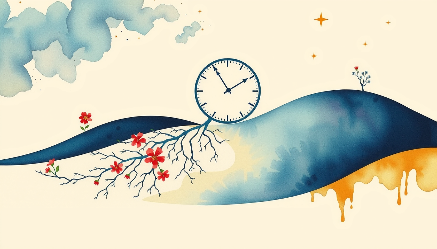 Surreal hillside with abstract clock, neural roots, and blooming flowers.