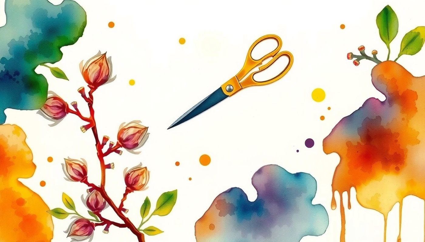 Surreal garden with floating shears pruning plants, symbolizing memory and growth.