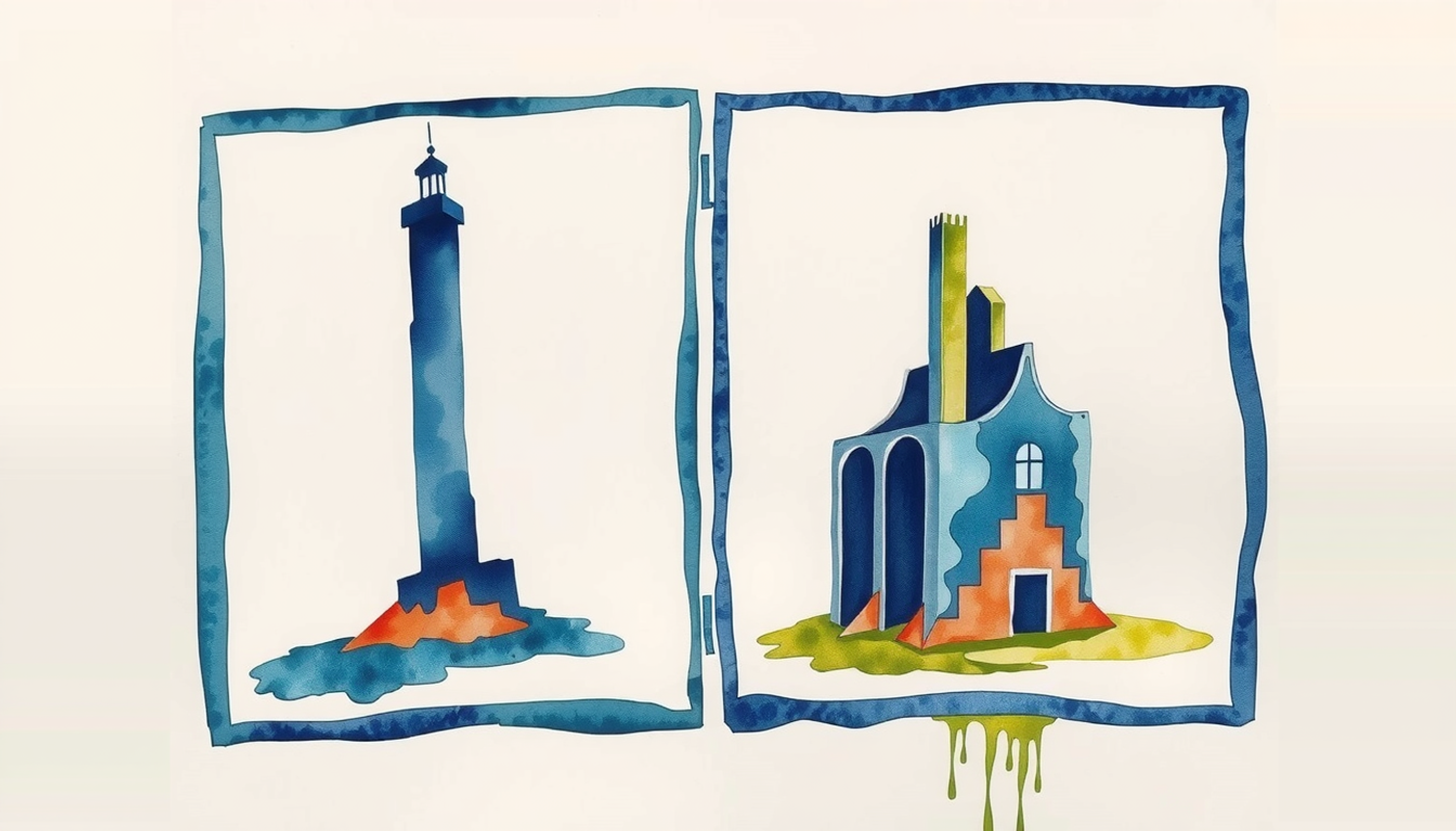 Mirror reflecting a tall tower and a crumbling structure, surrealist tones.