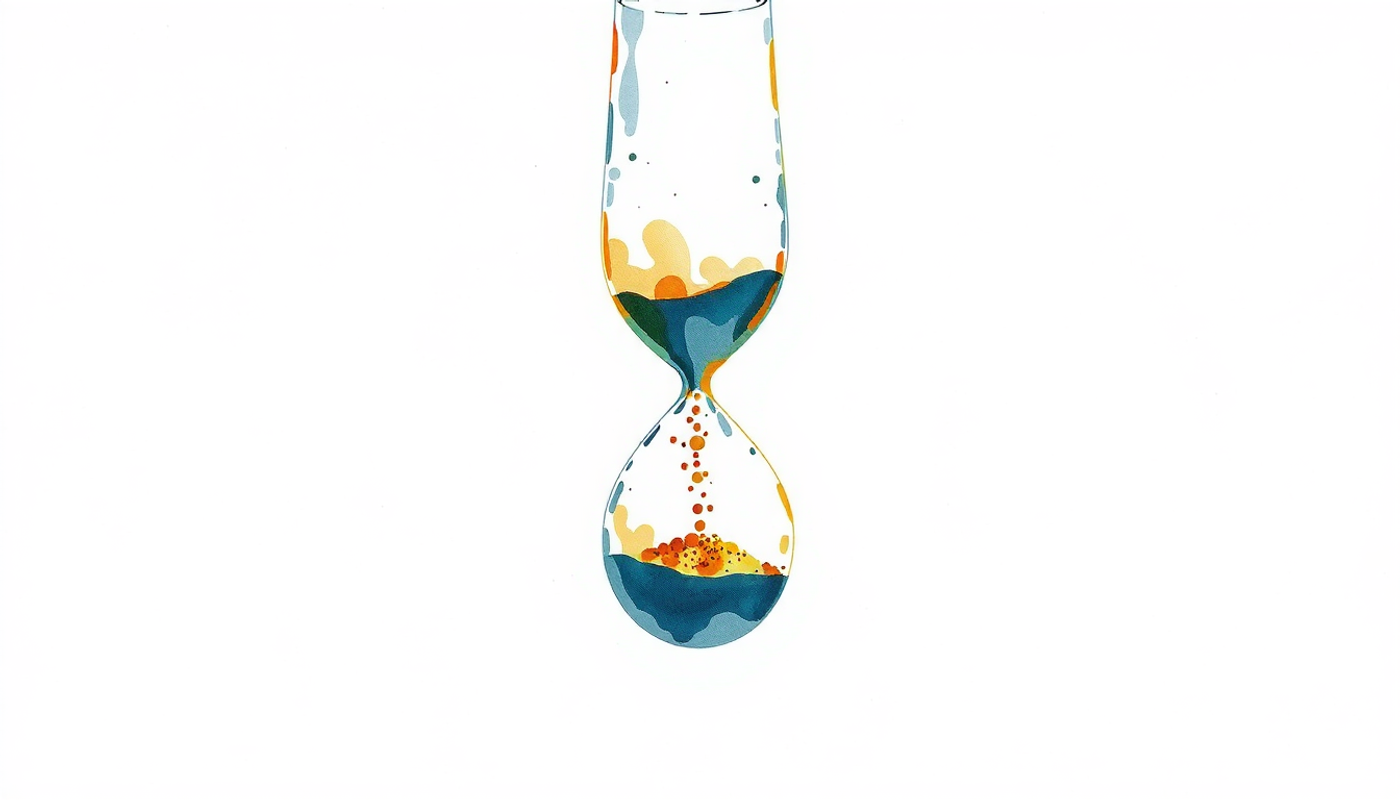 Tall hourglass floating in dark space, glowing amber with suspended sand.