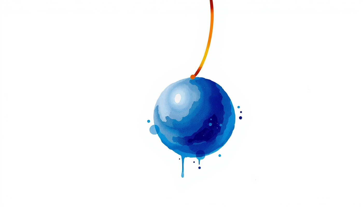 Dark sphere suspended by a glowing golden thread in deep blue.