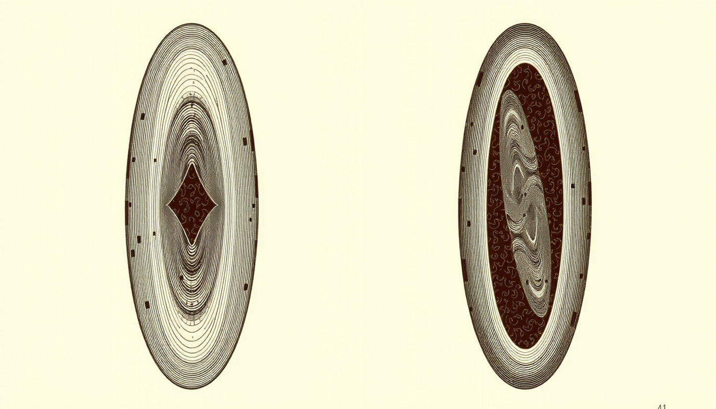Mirrored abstract ovals with darkened patches in antique engraving style.