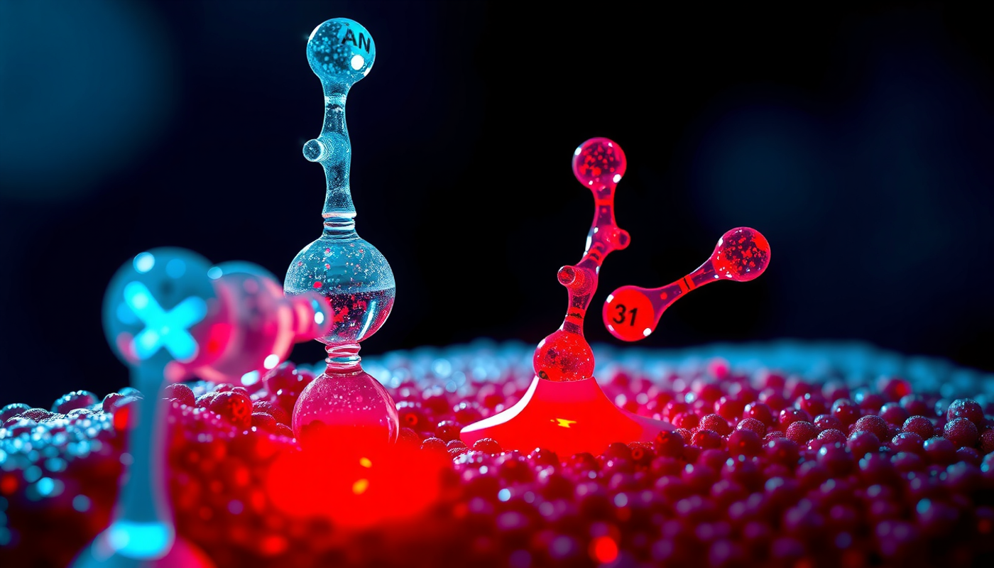 Microscopic synapse cross-section showing receptor proteins in molecular tug-of-war.