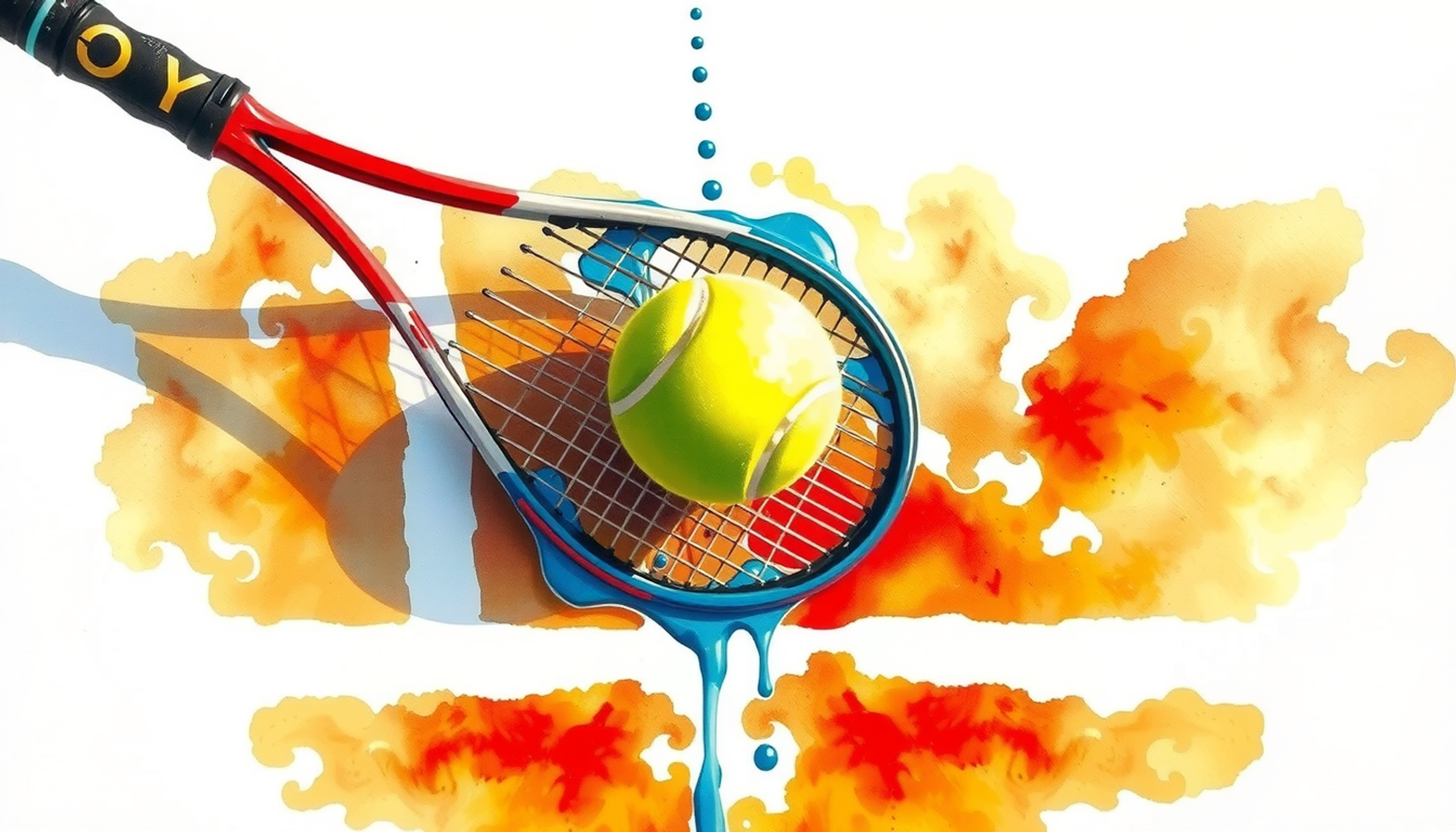 Tennis racket and ball on clay court with trajectory lines.