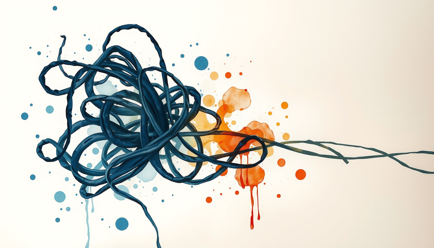 Dark knotted threads transforming into glowing parallel strands, symbolizing clarity.