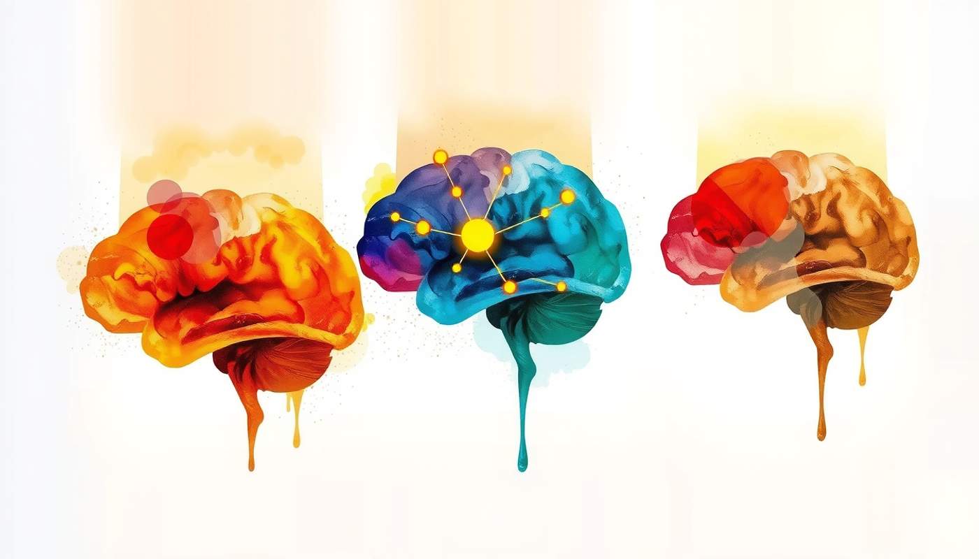 Three brains at different life stages with glowing neural pathways.