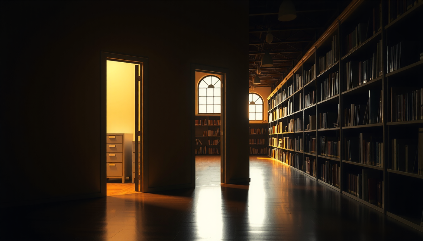 Three doorways in a corridor leading to distinct processing rooms.