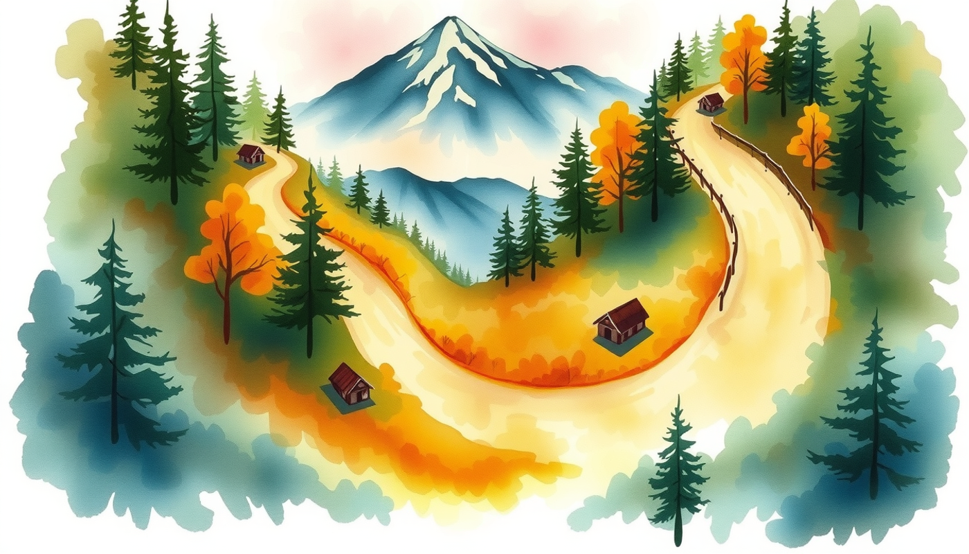 Three forest paths to a mountain peak in autumn colors.