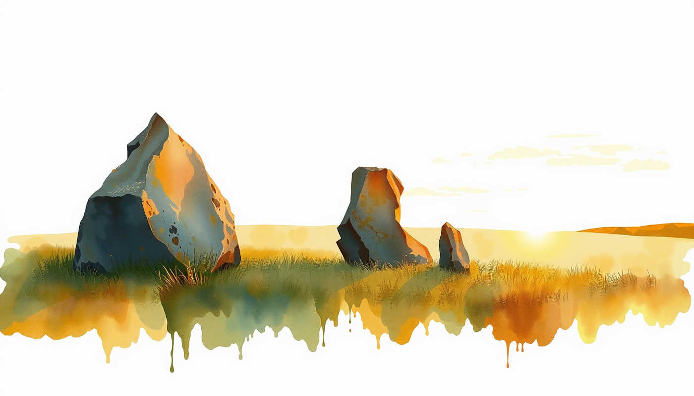 Three upright standing stones casting long shadows in a grassy clearing.