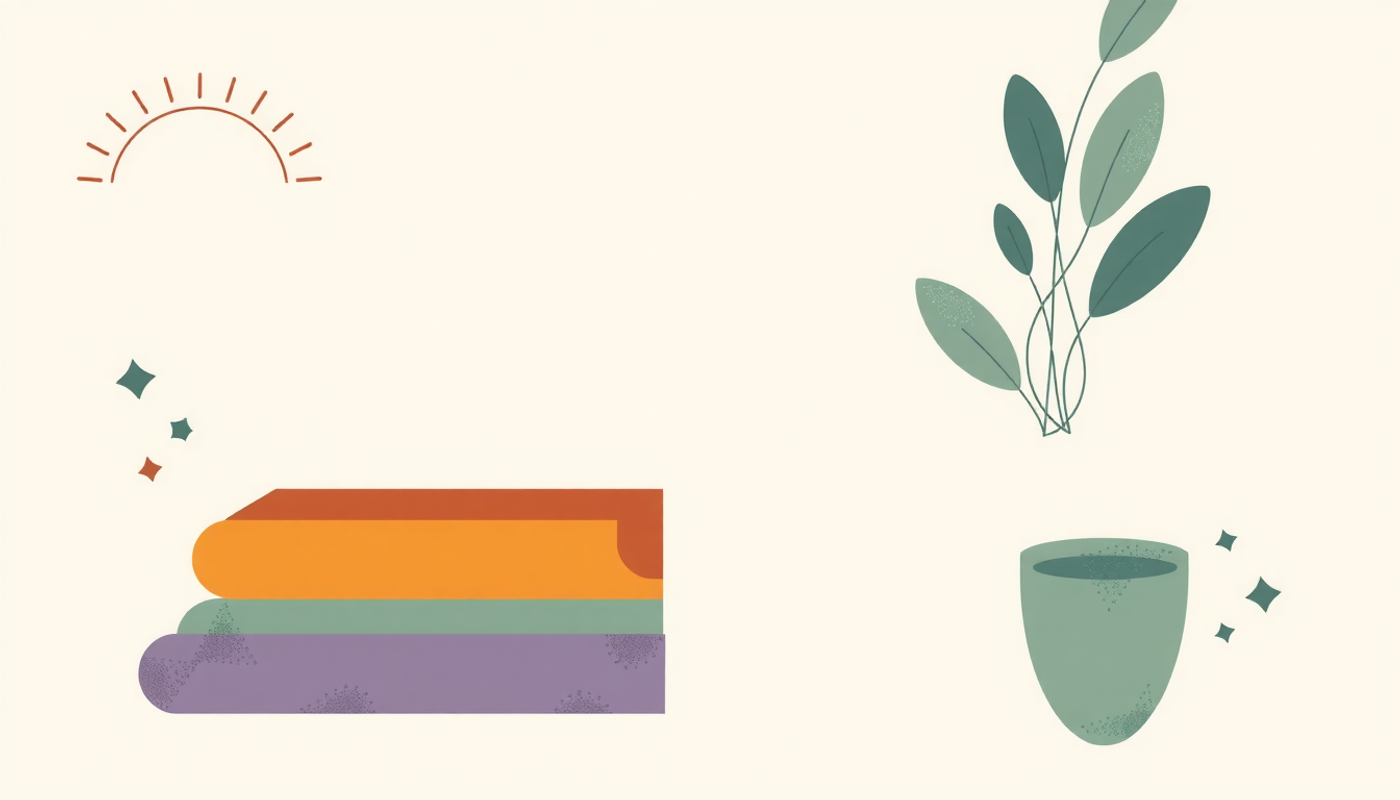 Tidy study surface with index cards, notebook, water, and plant.