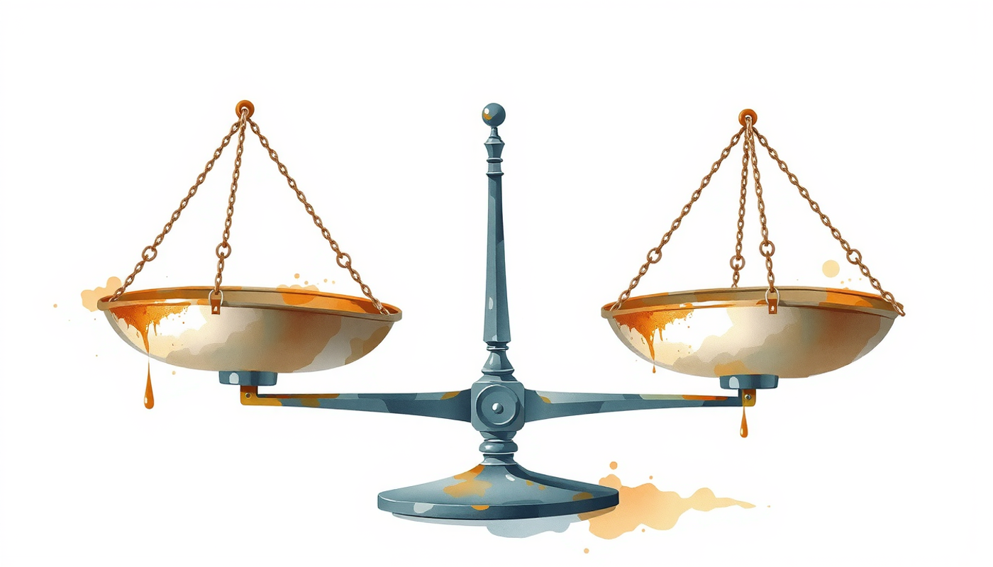 Tilted balance scale with overflowing pan, symbolizing miscalibrated confidence.