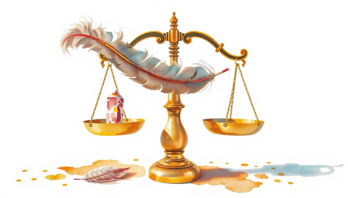 Brass balance scale with feathers and crystal in dramatic lighting