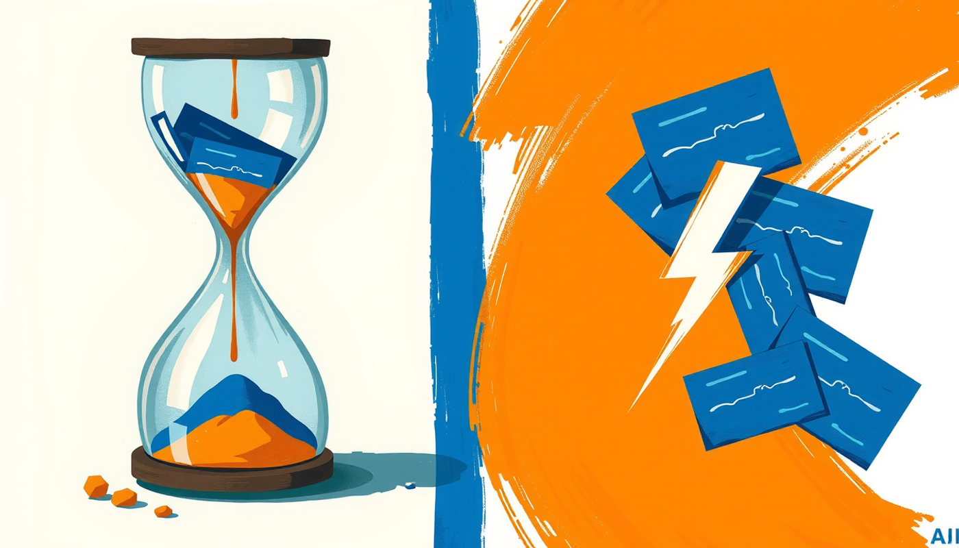 Sablier et cartes écrites à la main comparés à un éclair et cartes numériques.