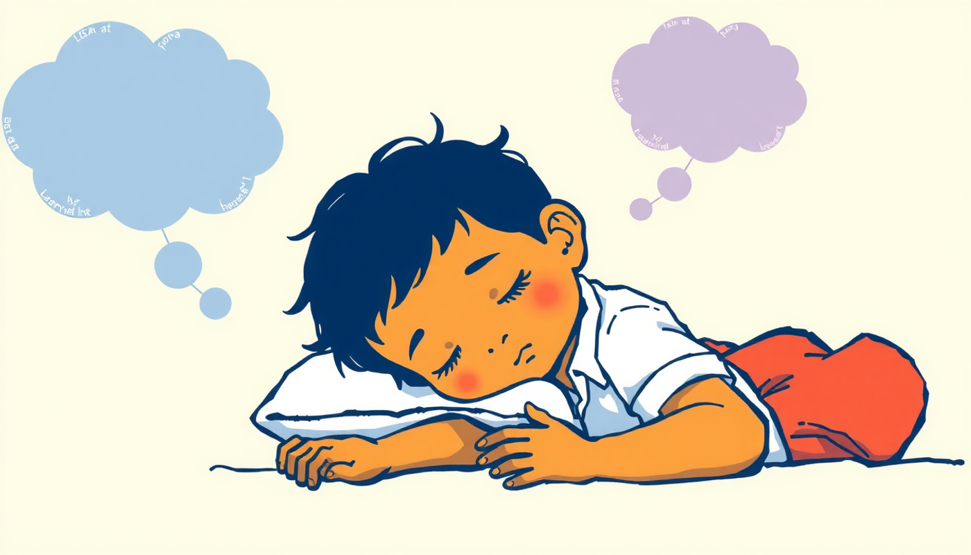 Toddler napping in classroom with dreamy thought bubbles of learning concepts.