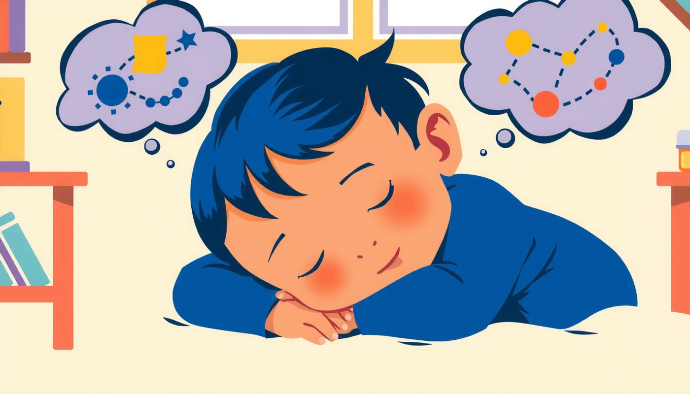 Toddler napping in class with dreamy thought bubbles of learning concepts.