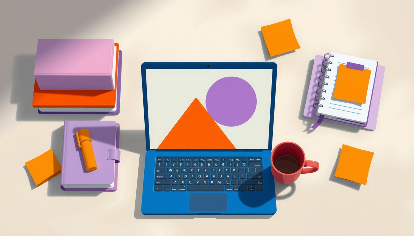 Clean desk with open laptop, textbooks, coffee mug, and sticky notes.