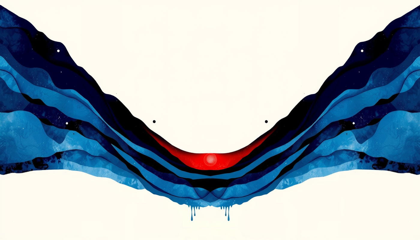Intricate pale gold contour lines on deep indigo, glowing red misalignment.