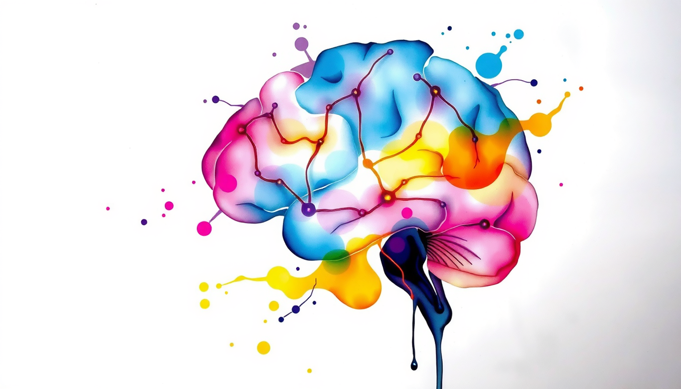Translucent brain with glowing regions in indigo, purple, and gold.