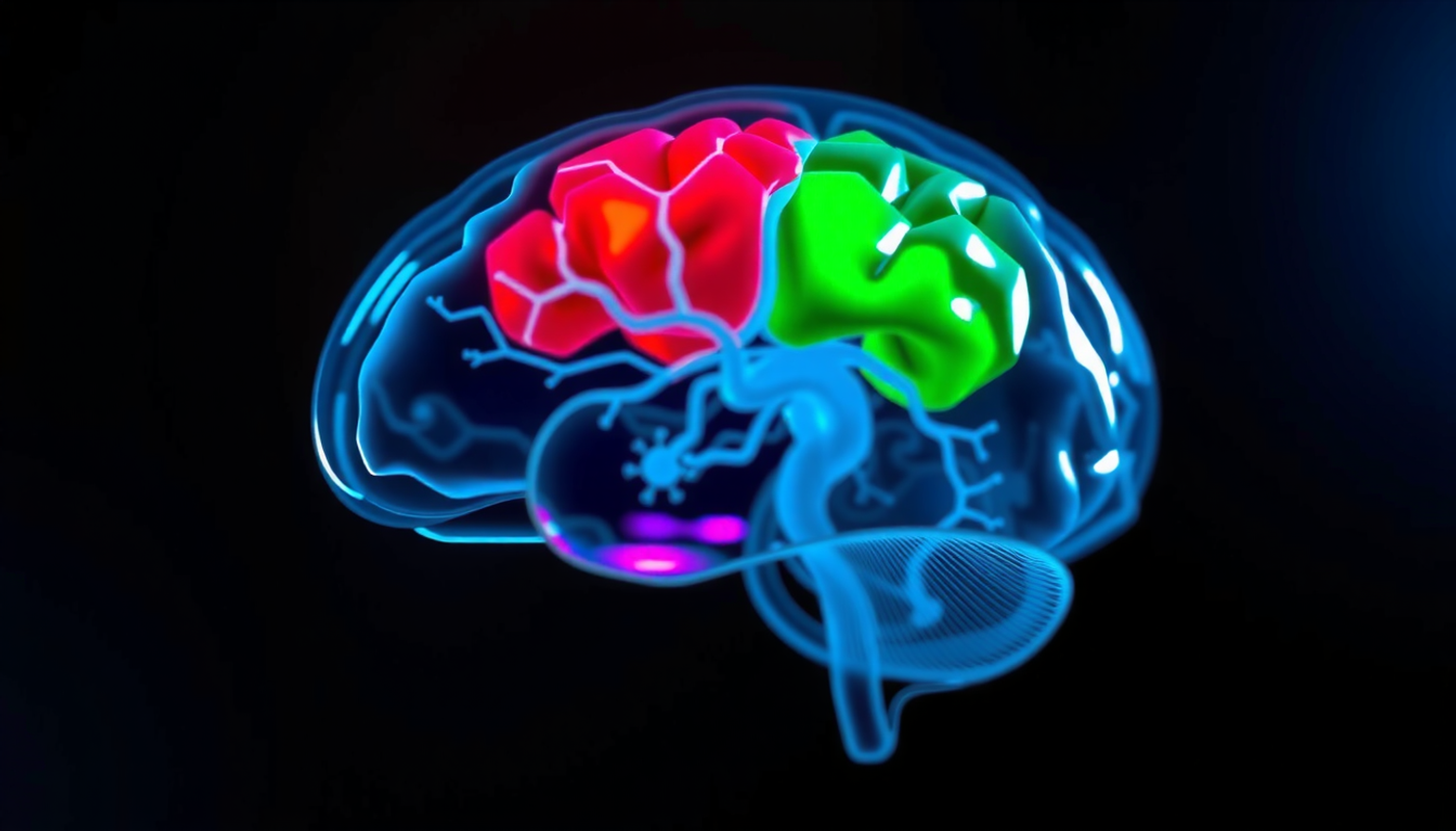 Translucent brain highlighting hippocampus, amygdala, prefrontal cortex, and cerebellum.