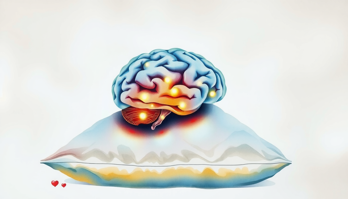 Translucent brain above a pillow, glowing neural pathways in darkness.