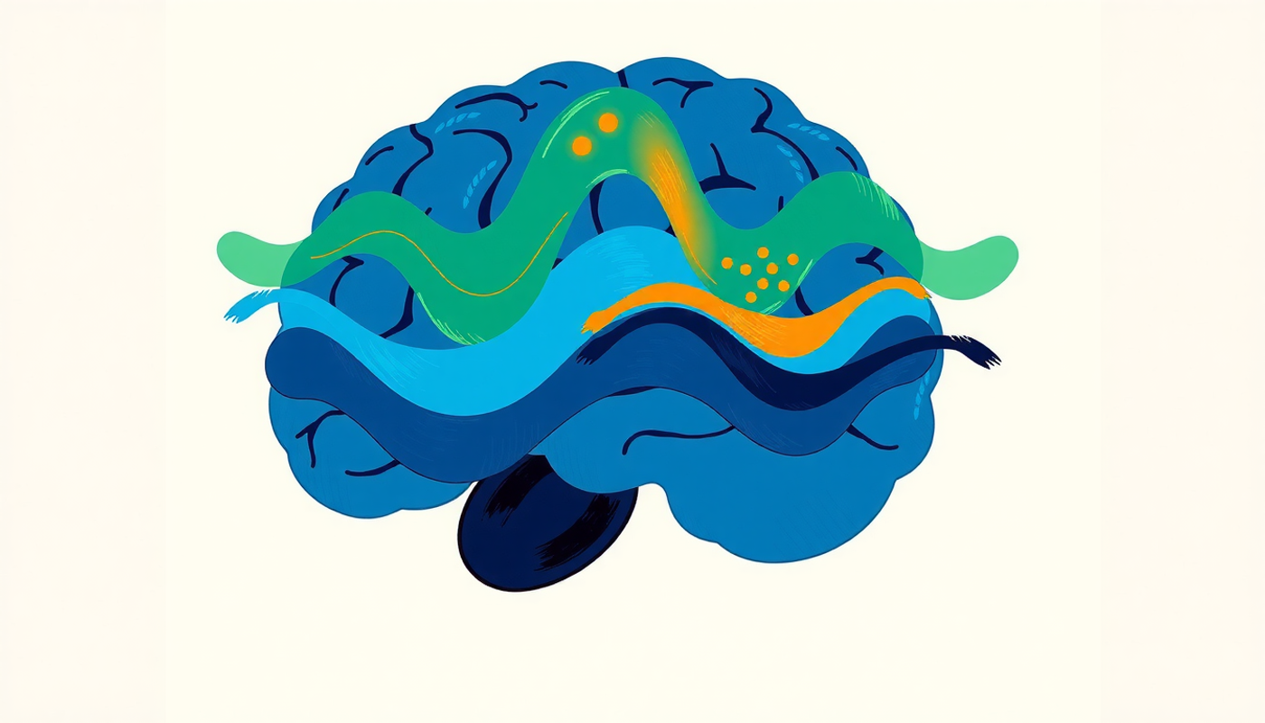 Translucent brain in dark space, showcasing layered sleep activity waves.