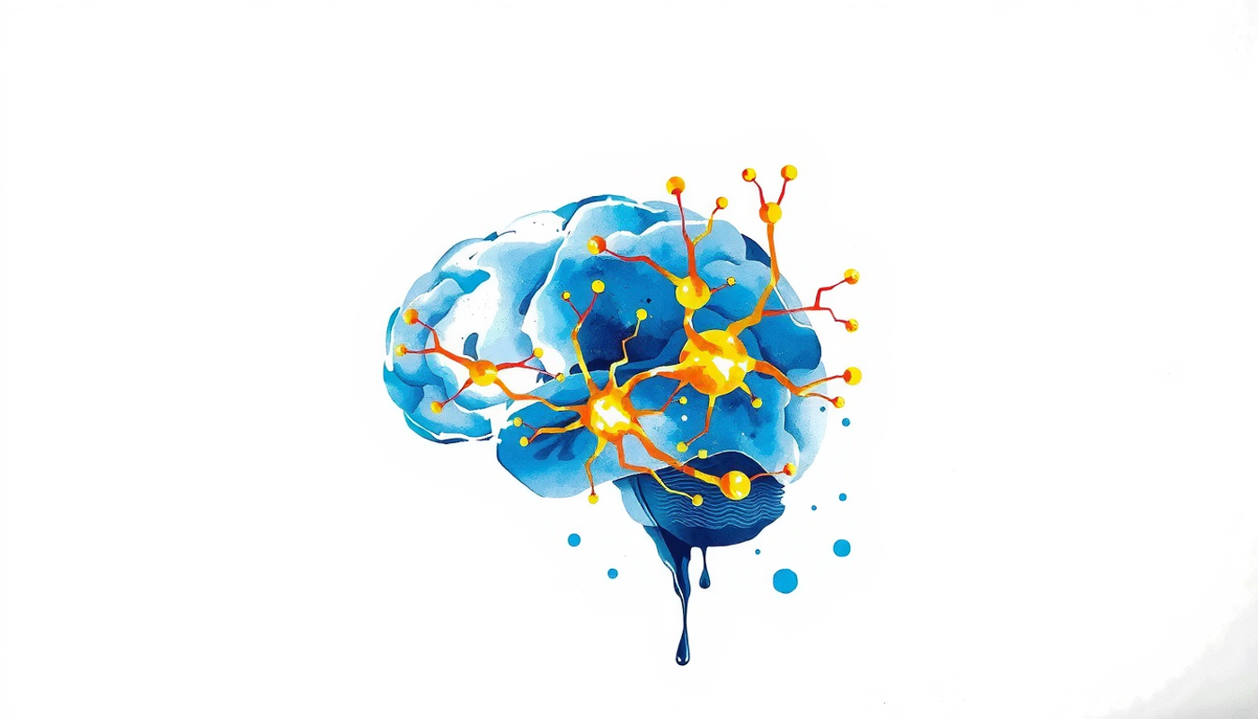 Translucent brain with glowing neural pathways on navy background.