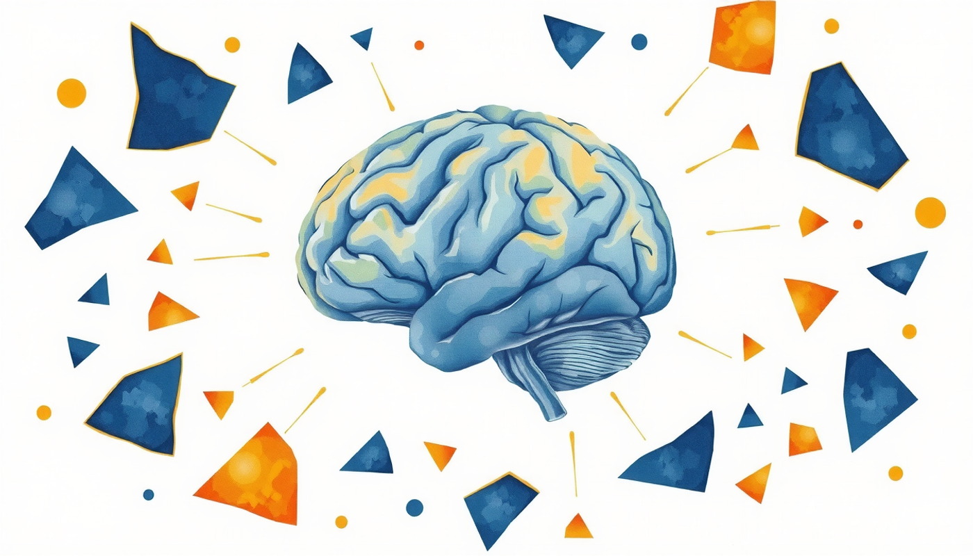 Translucent brain with luminous fragments and golden threads on navy background.